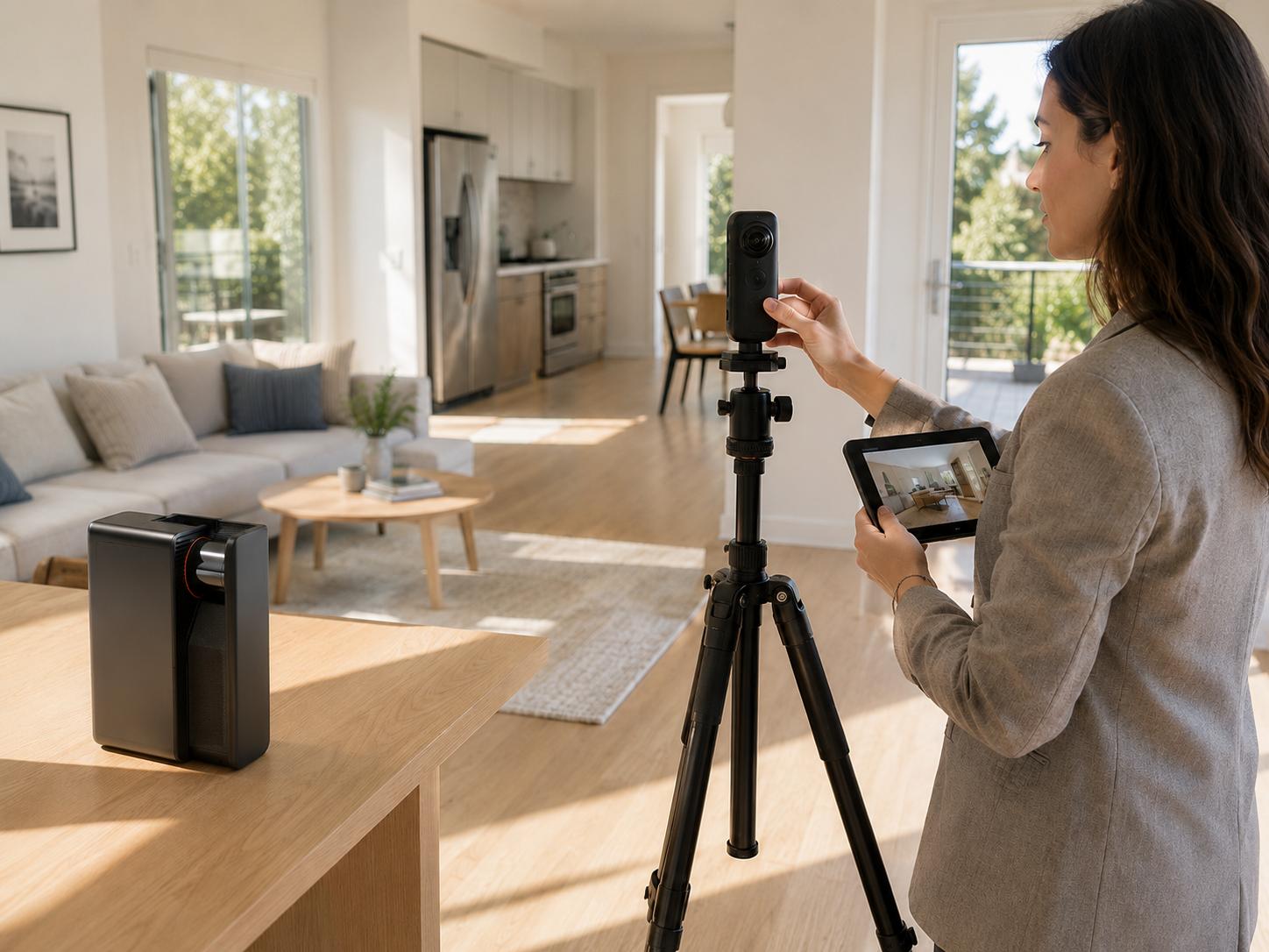 Real estate agent using portable 3D laser scanner on tripod to scan modern residential house interior, preview 3D space model via tablet for virtual home tour