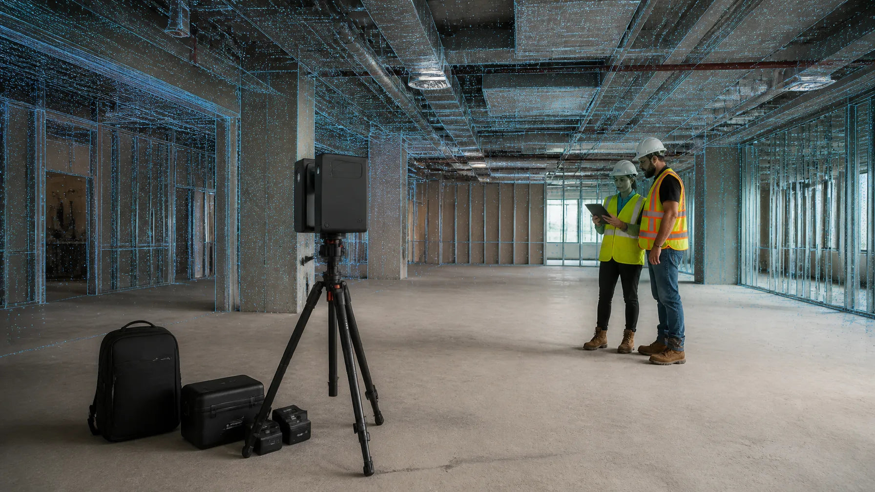 Two surveyors reviewing data on tablet beside 3D laser scanner in unfinished building