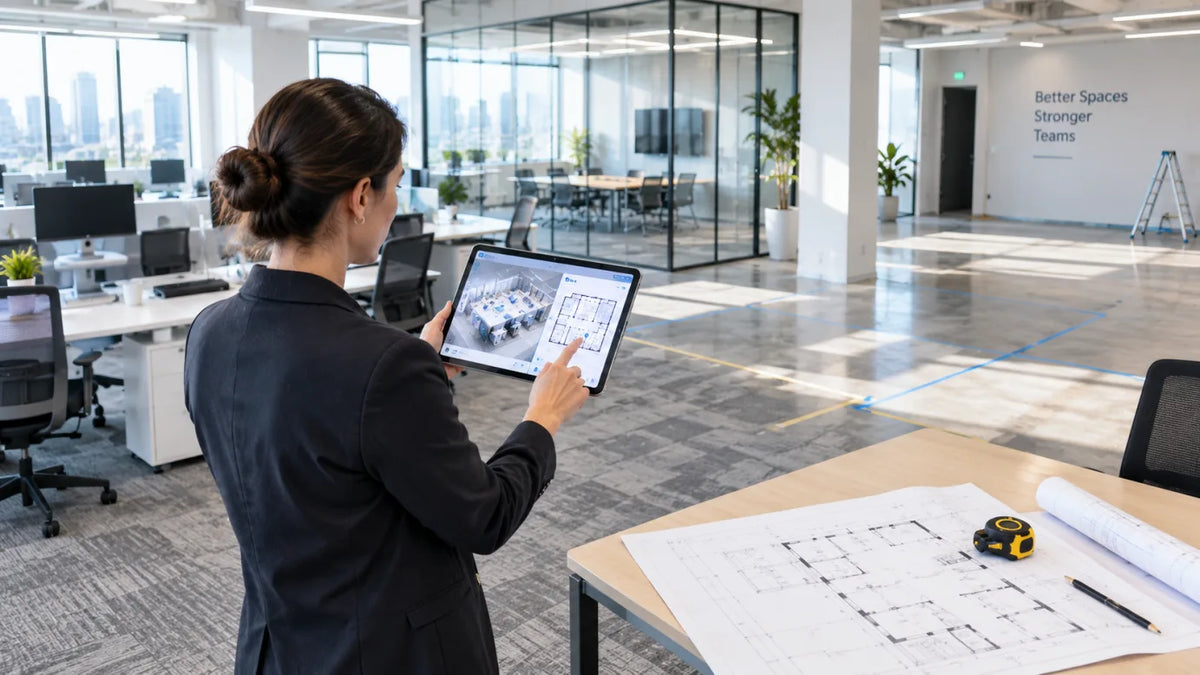 Woman taps a tablet showing a floor plan beside a paper plan and tape measure