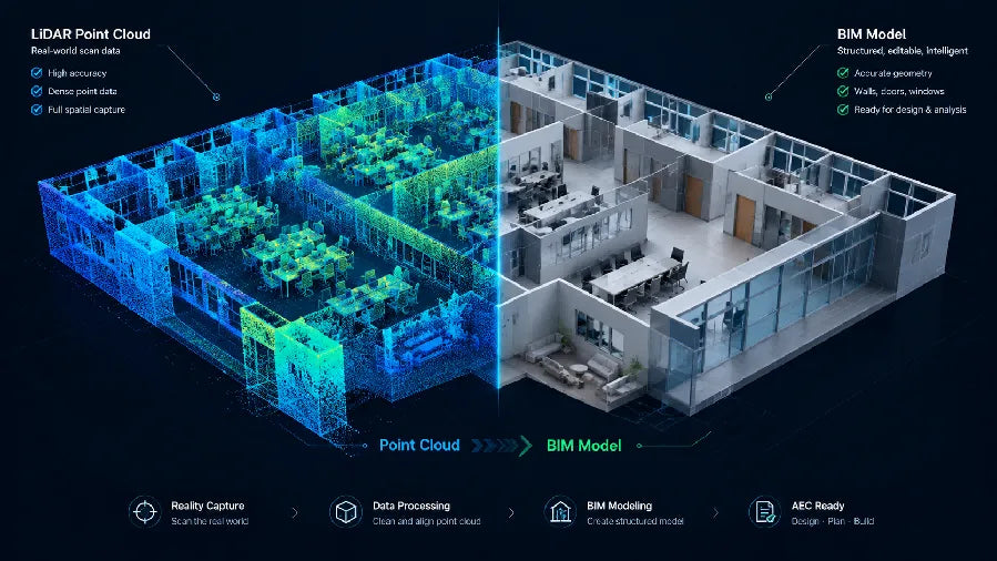 Point cloud to BIM workflow diagram showing a scanned office beside a structured BIM model.