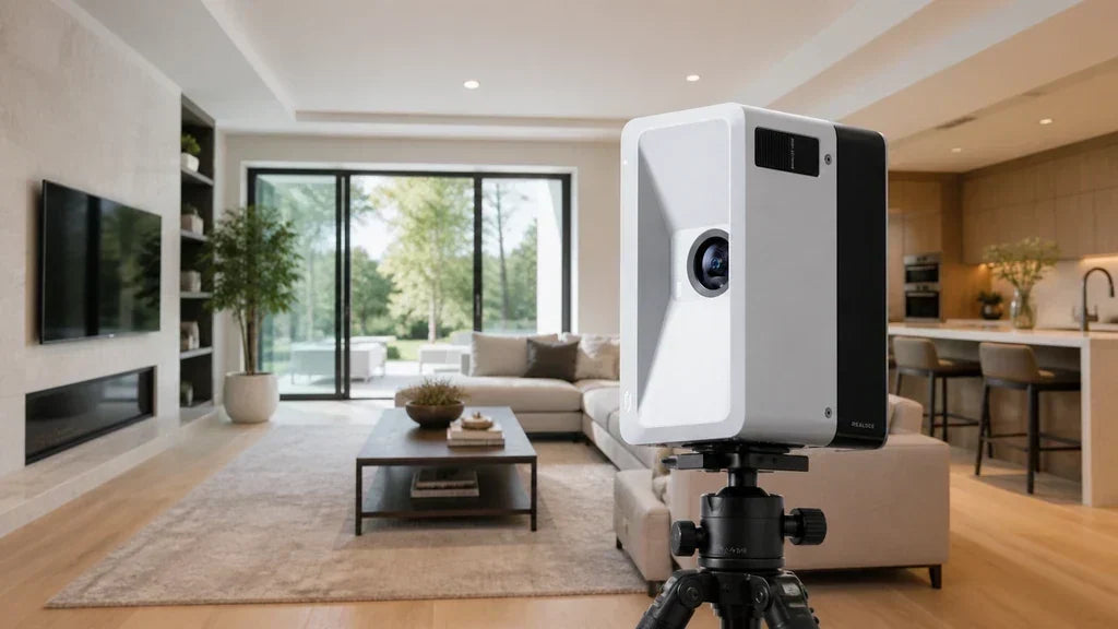 Realsee Galois M2 3D scanner capturing a bright modern living room for real estate marketing