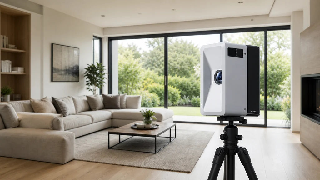 Realsee Galois M2 lidar camera on a tripod in a modern open-plan living room
