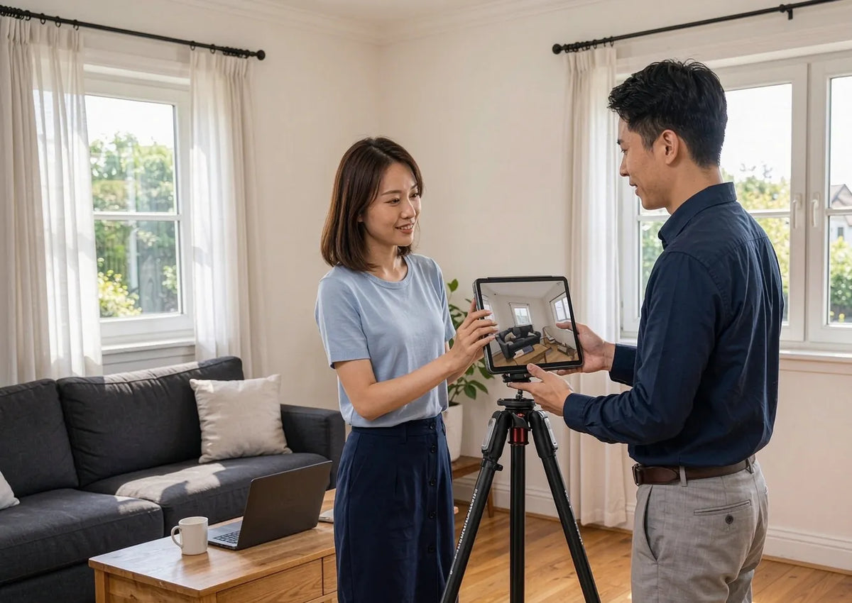 Two people preview 3D home rendering on tablet mounted on tripod inside living room
