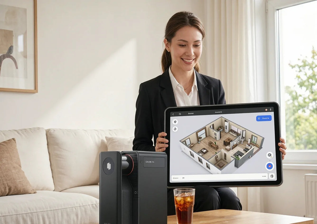 Real‑estate agent holds tablet displaying 3D floor plan beside Galois P4 scanner at home