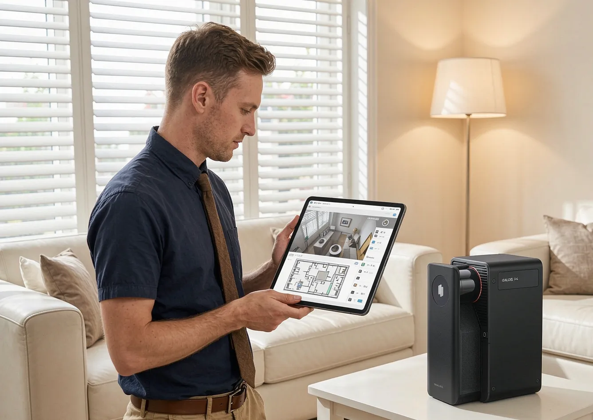 Man viewing house 3D scan and floor plan on tablet beside Galois P4 scanner in living room