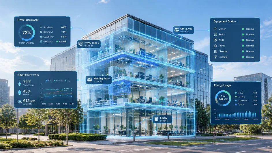 Digital twin concept: glass office building cutaway with floating building performance dashboards.