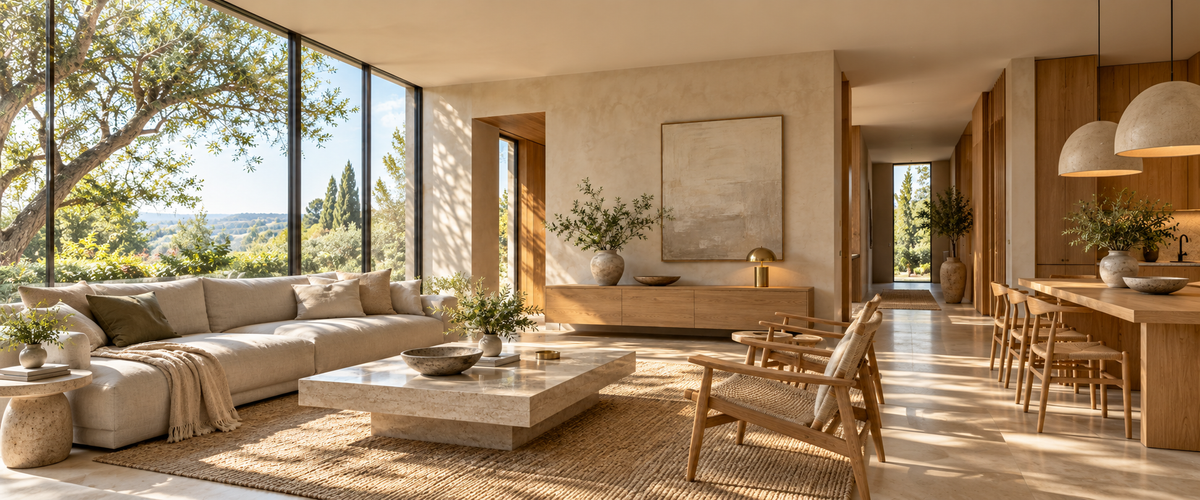 Daylight, warm interior lighting and shaded detail across a continuous living space