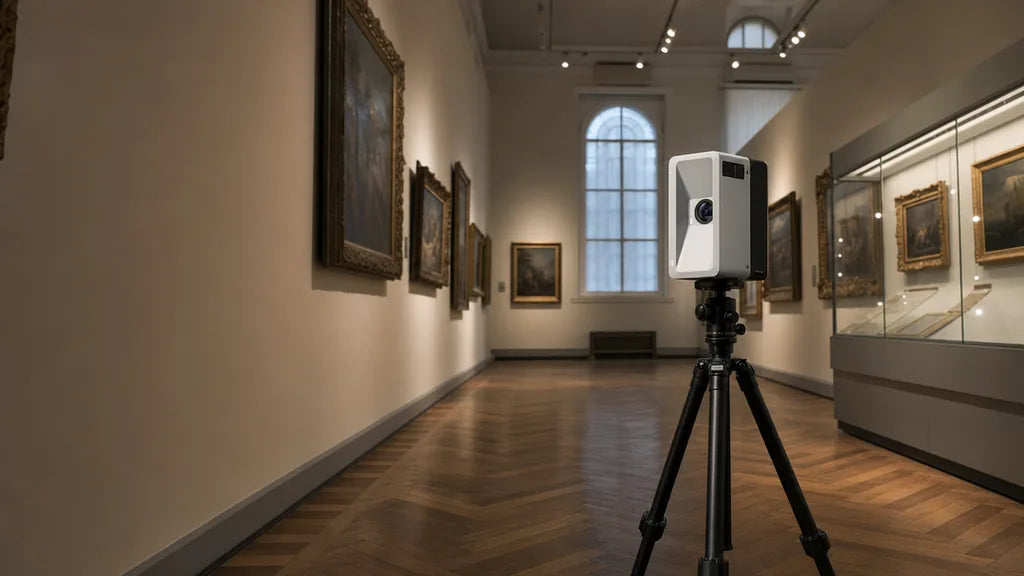 Realsee Galois M2 3D LiDAR camera on a tripod capturing an empty museum gallery before opening hours