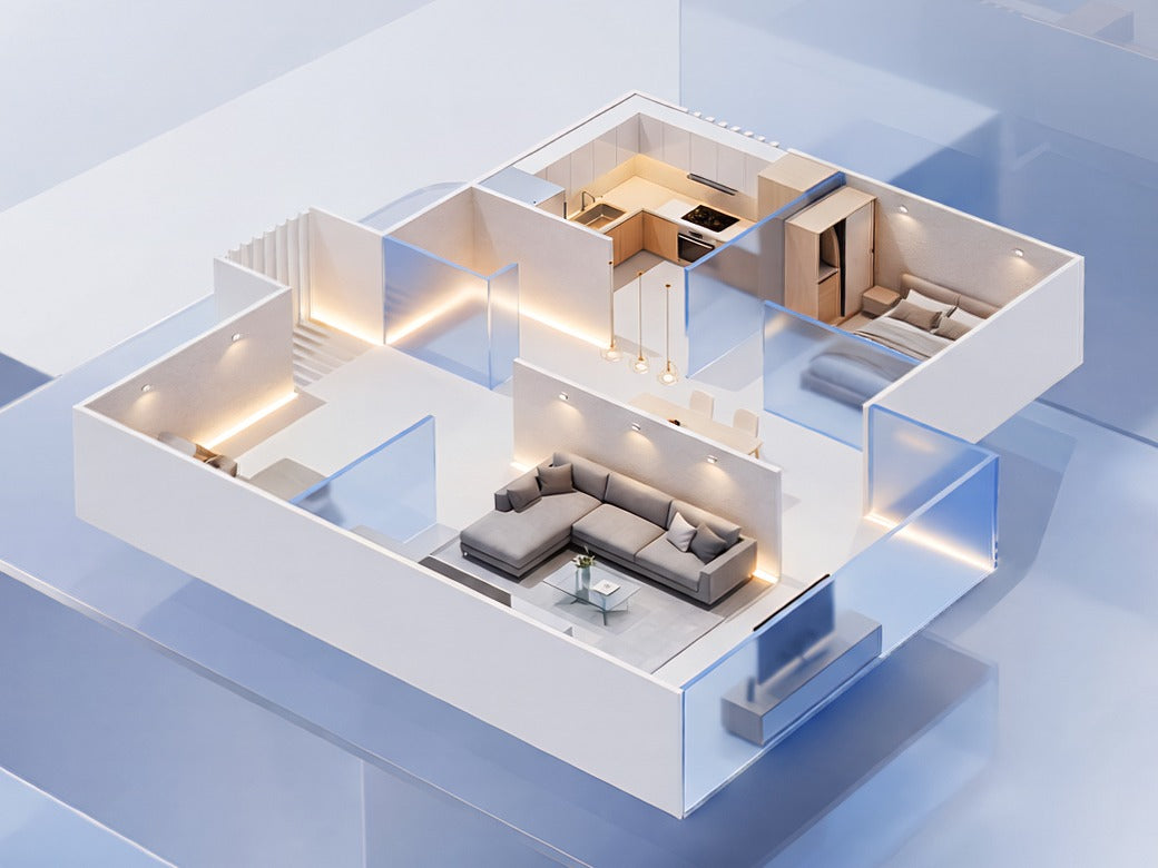 Optional Realsee 3D Floor Plan add-on shown in an angled furnished view