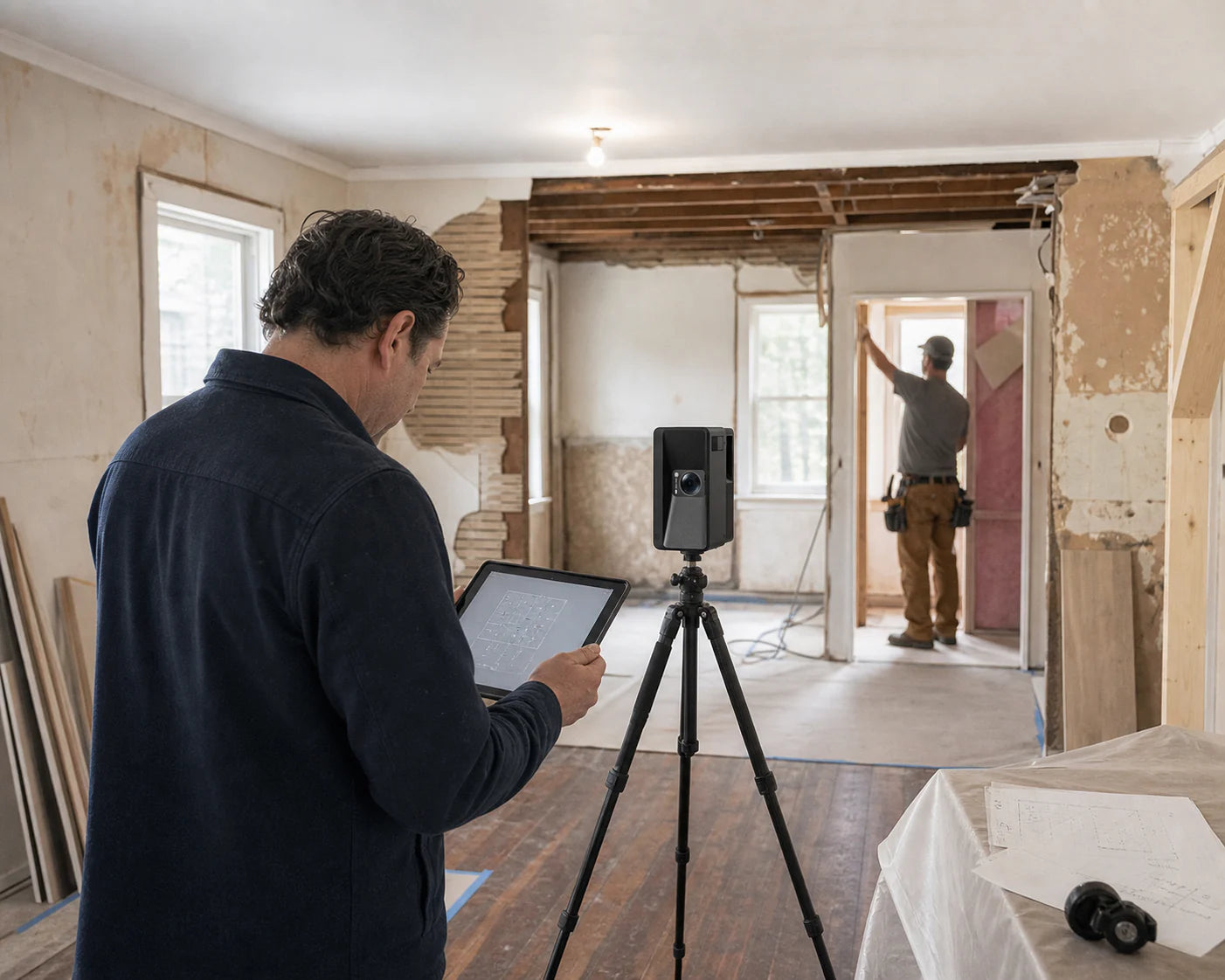Remodeling surveyor capturing an older home with a Galois P4 LiDAR scanner