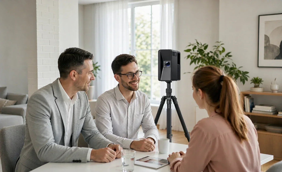 Real estate team using 3D LiDAR camera to capture home interior data