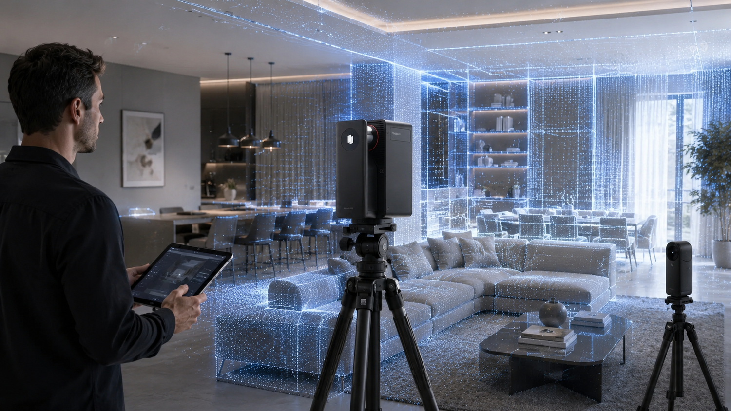Dual tripod-mounted 3D scanning cameras working together in high-end residential living room, man holding a tablet to monitor scanning data