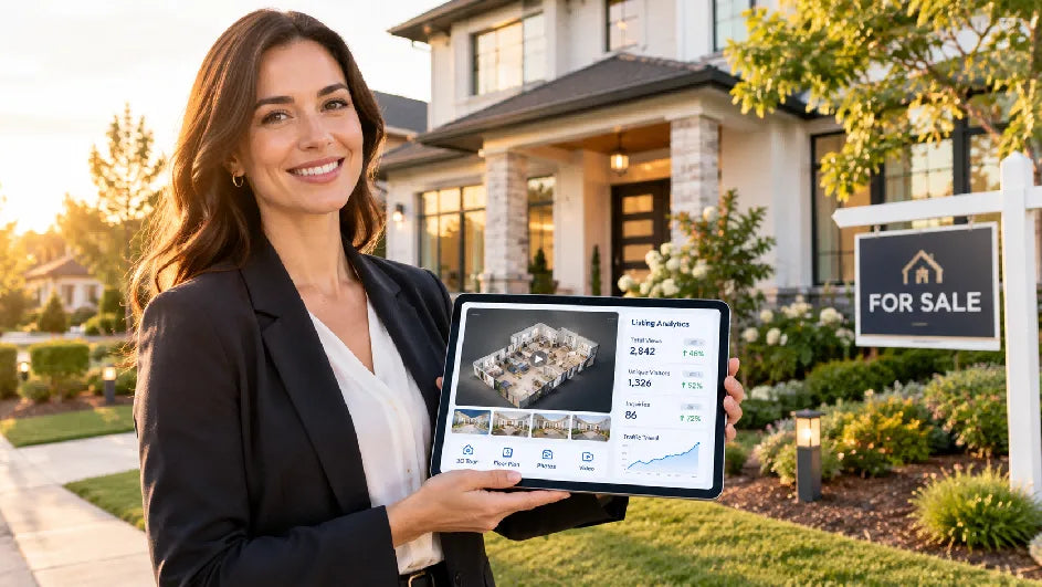 Woman in a blazer holds a tablet showing listing analytics outside a house with a for-sale sign.