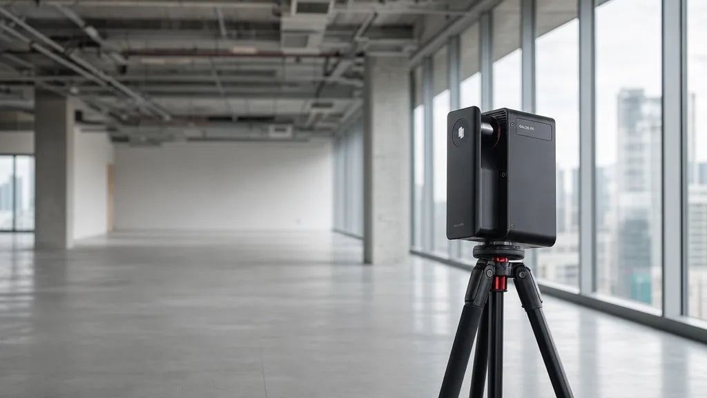 Realsee Galois P4 3D LiDAR scanner on a tripod capturing an empty open-plan office floor for a commercial listing