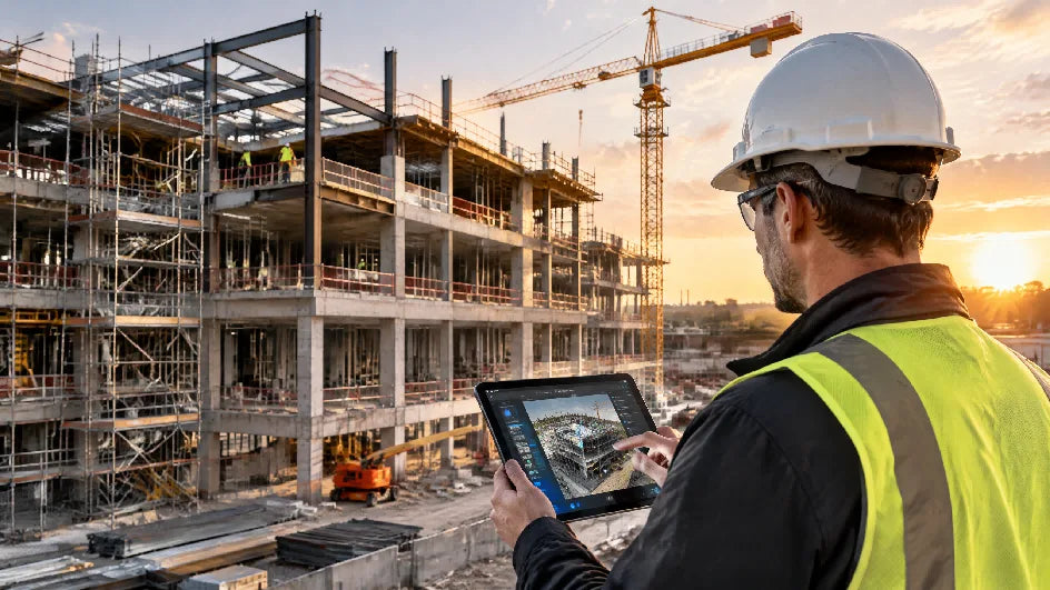 Worker in hard hat and vest views a 3D building model on a tablet at a construction site.