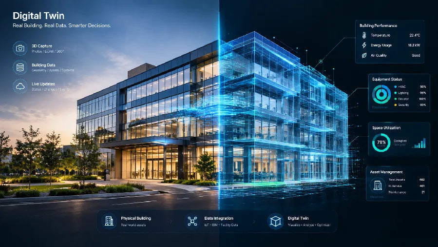 Physical building connected by blue lines to a digital twin model with live data panels.