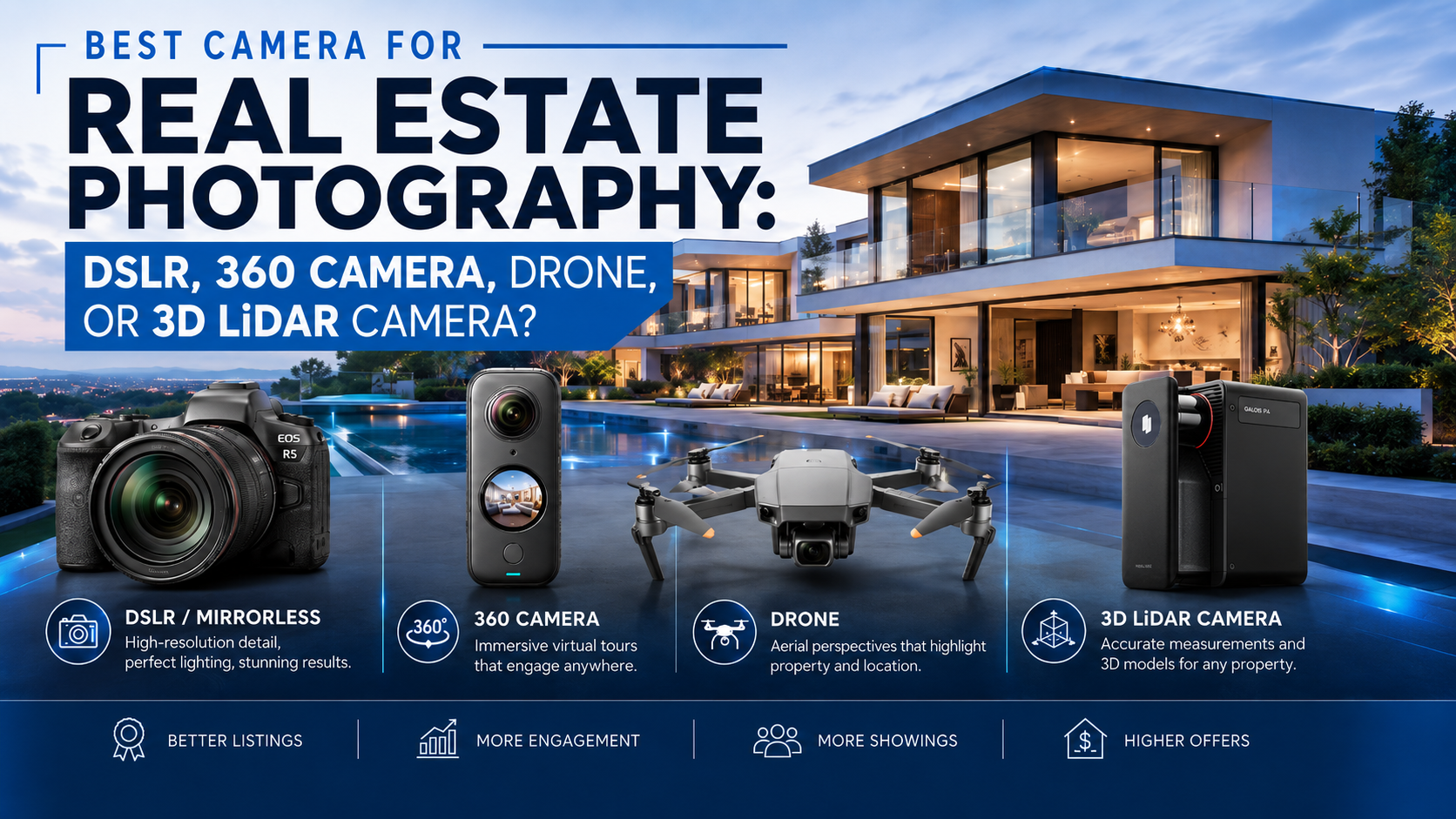 Best Camera for Real Estate Photography: DSLR, 360 Camera, Drone, or 3D LiDAR Camera?