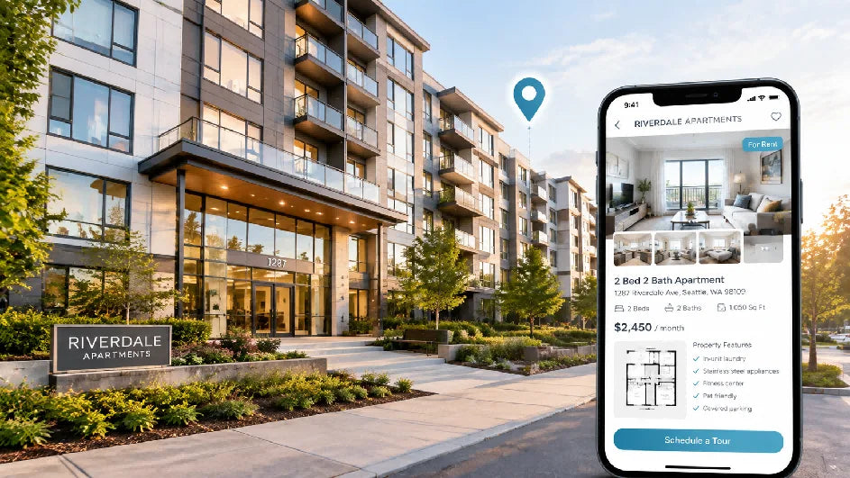 Apartment building exterior with a smartphone overlay displaying a Riverdale Apartments rental listing.