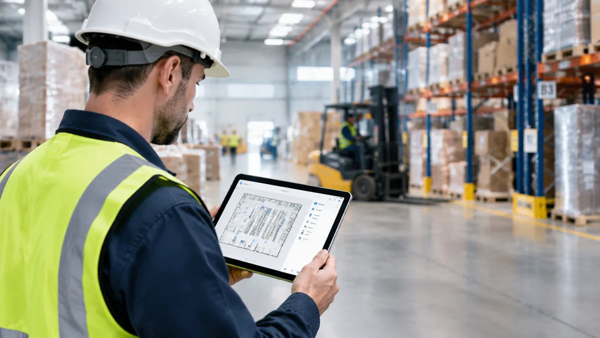 Warehouse worker in a white hard hat and yellow vest studies a tablet map, with stacked pallet racking and a forklift in the background.