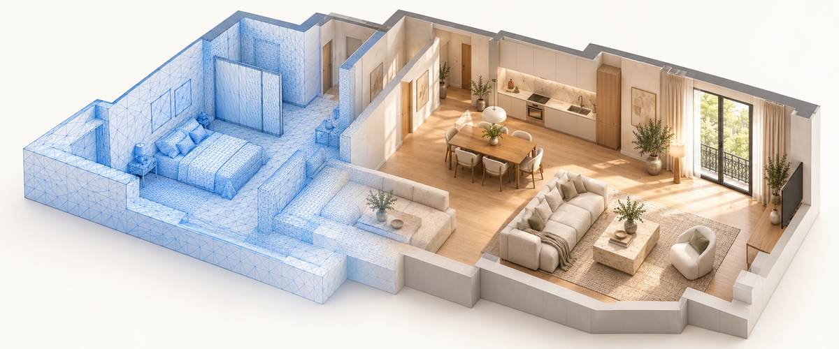 An architectural cutaway transitioning from a blue triangle mesh to a fully rendered interior