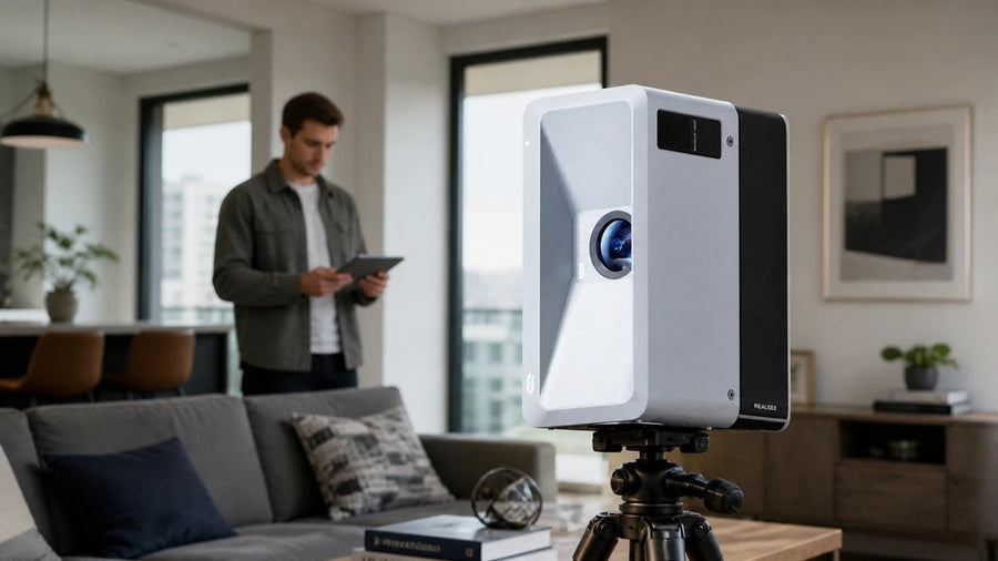 Realsee Galois M2 scanner and real estate agent creating a 3D tour in a furnished apartment