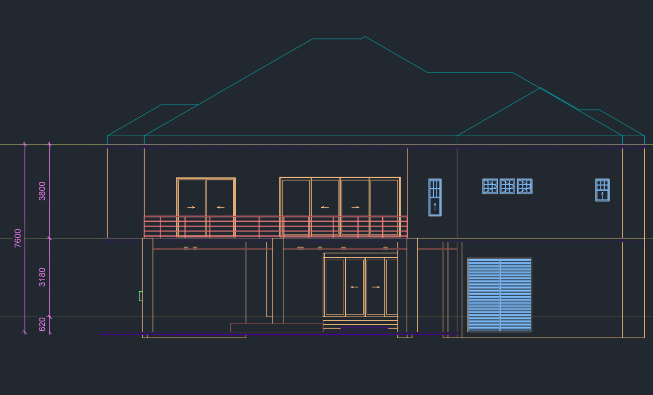 CAD building elevation with vertical dimensions, doors, windows, roof lines, and exterior elements