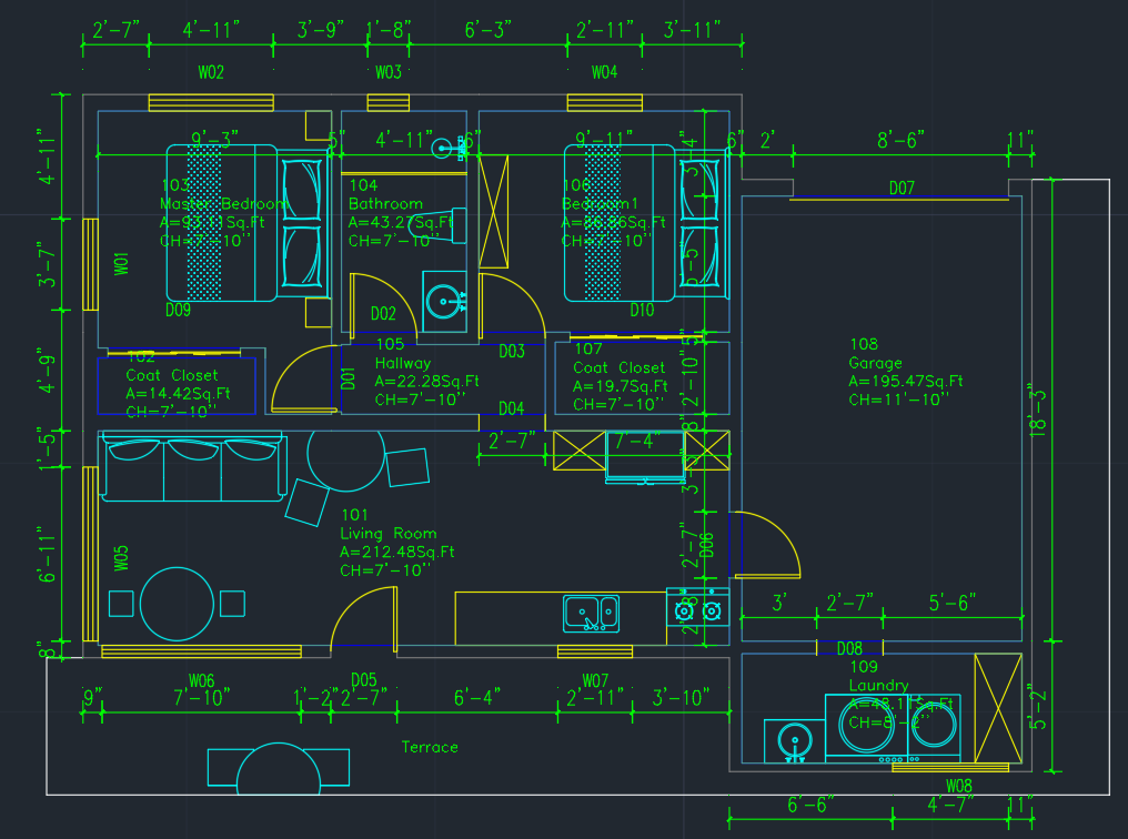 Detailed CAD floor plan with room labels, dimensions, openings, fixtures, and furniture