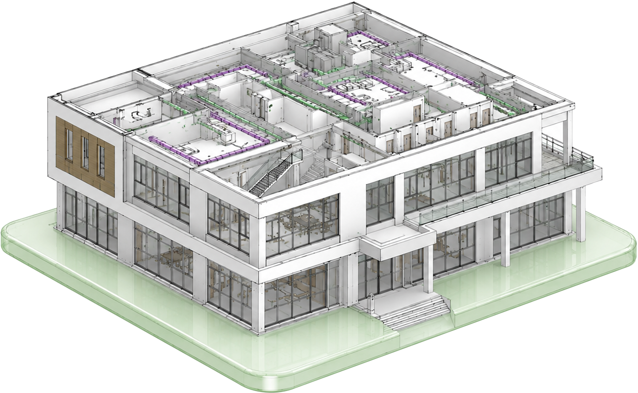 Detailed Revit building model with coordinated architectural and building-system elements