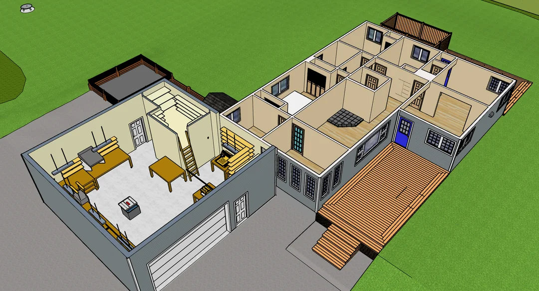 Residential SketchUp model showing rooms, openings, cabinetry, stairs, garage, deck, and site context