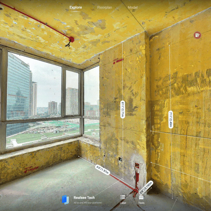 Animated Realsee 3D Tour of captured existing conditions with on-site dimensions and annotations