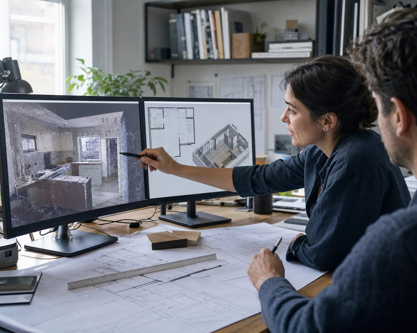 Architect reviewing a captured kitchen point cloud, floor plan, and BIM model
